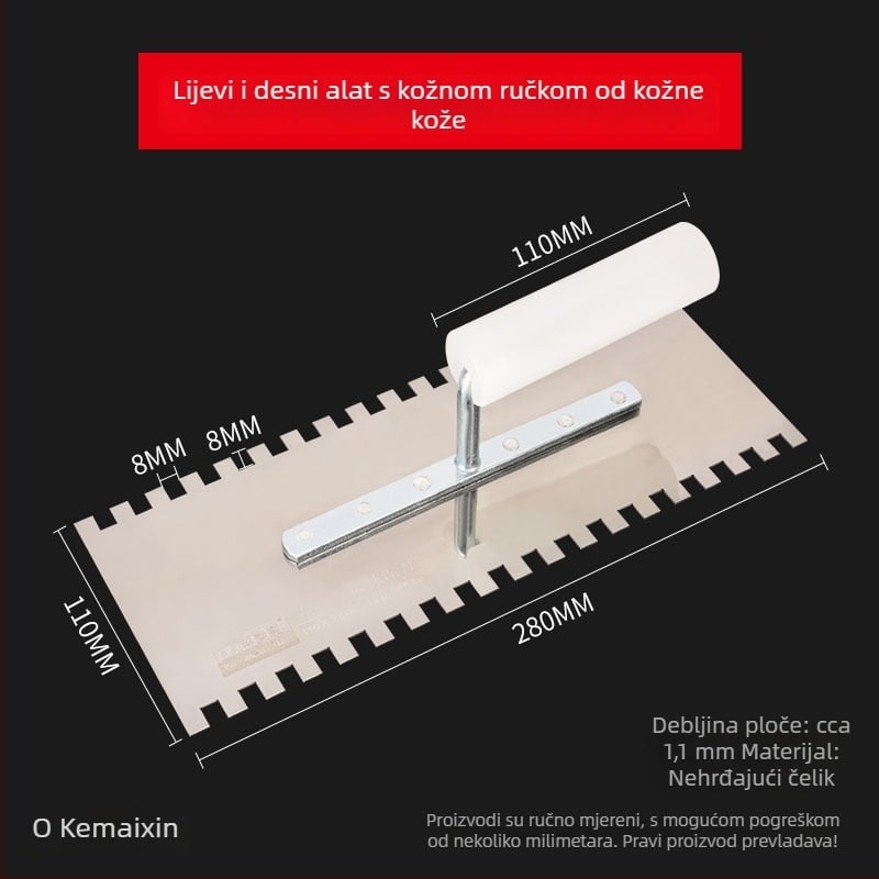 Špatula za žbukanje od nehrđajućeg čelika, zupčasti rub, ravni nož tip, Kemaixin