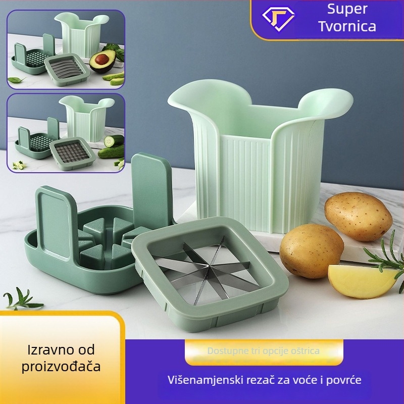 Višenamjenski rezač povrća i sječka; rezanje na kockice i ploške za krumpire, krastavce i avokado; ABS kućište s noževima od 301 nehrđajućeg čelika; moderni minimalistički dizajn; mogućnost ispisa logotipa.