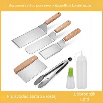 Set alata za roštilj za kampiranje od nehrđajućeg čelika s drvenom ručkom — špatula i klips, moderni minimalistički stil
