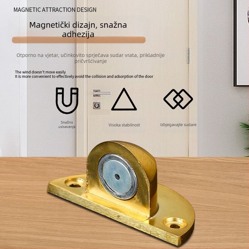 Magnetski vrata stopper - podnožno postavljanje, cinkova legura, polirani završetak, ručno upravljanje, moderan minimalistički stil