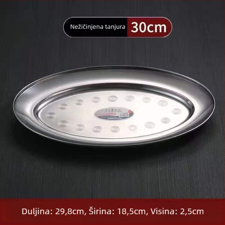 Nehrđajući čelik – debeli ovalni tanjur za ribu – nepravilnog oblika, polirana površina, sigurno za mikrovalnu, svakodnevno posuđe