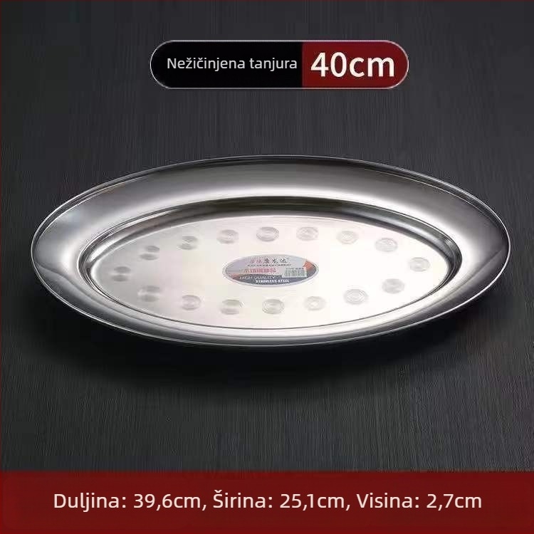 Nehrđajući čelik – debeli ovalni tanjur za ribu – nepravilnog oblika, polirana površina, sigurno za mikrovalnu, svakodnevno posuđe