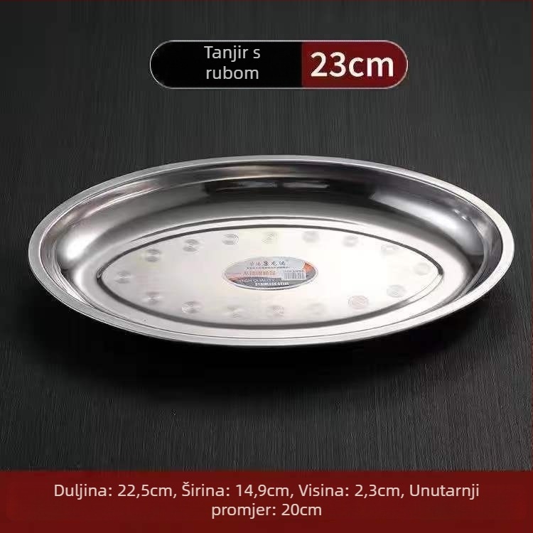 Nehrđajući čelik – debeli ovalni tanjur za ribu – nepravilnog oblika, polirana površina, sigurno za mikrovalnu, svakodnevno posuđe