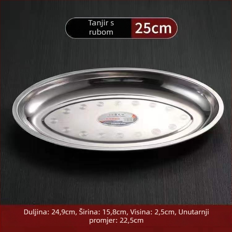 Nehrđajući čelik – debeli ovalni tanjur za ribu – nepravilnog oblika, polirana površina, sigurno za mikrovalnu, svakodnevno posuđe