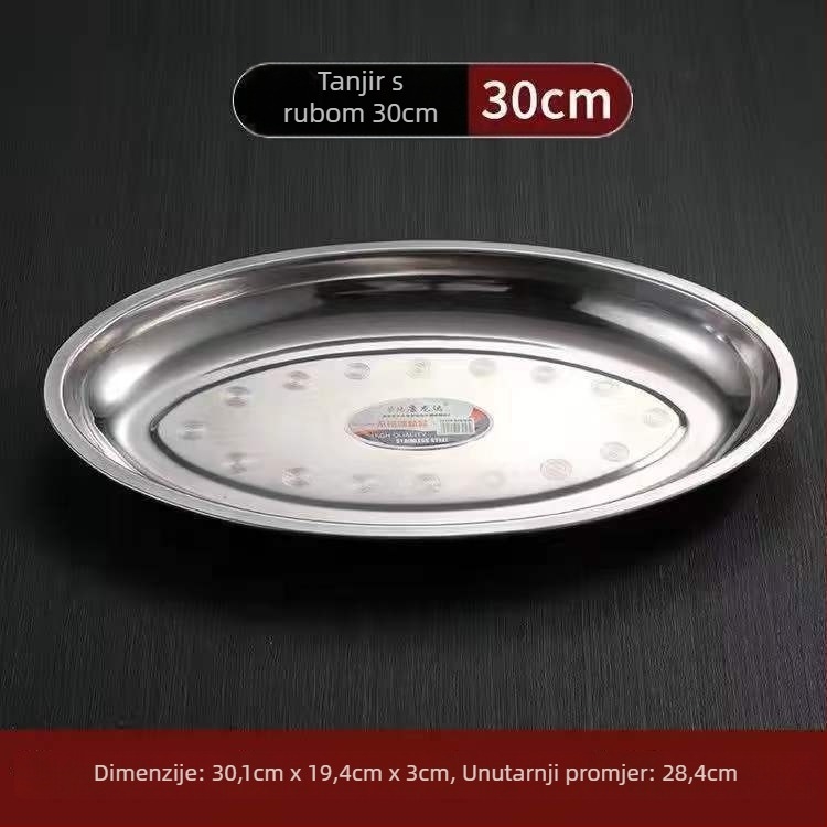 Nehrđajući čelik – debeli ovalni tanjur za ribu – nepravilnog oblika, polirana površina, sigurno za mikrovalnu, svakodnevno posuđe