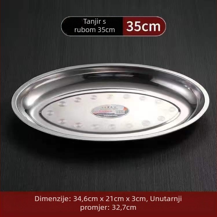 Nehrđajući čelik – debeli ovalni tanjur za ribu – nepravilnog oblika, polirana površina, sigurno za mikrovalnu, svakodnevno posuđe