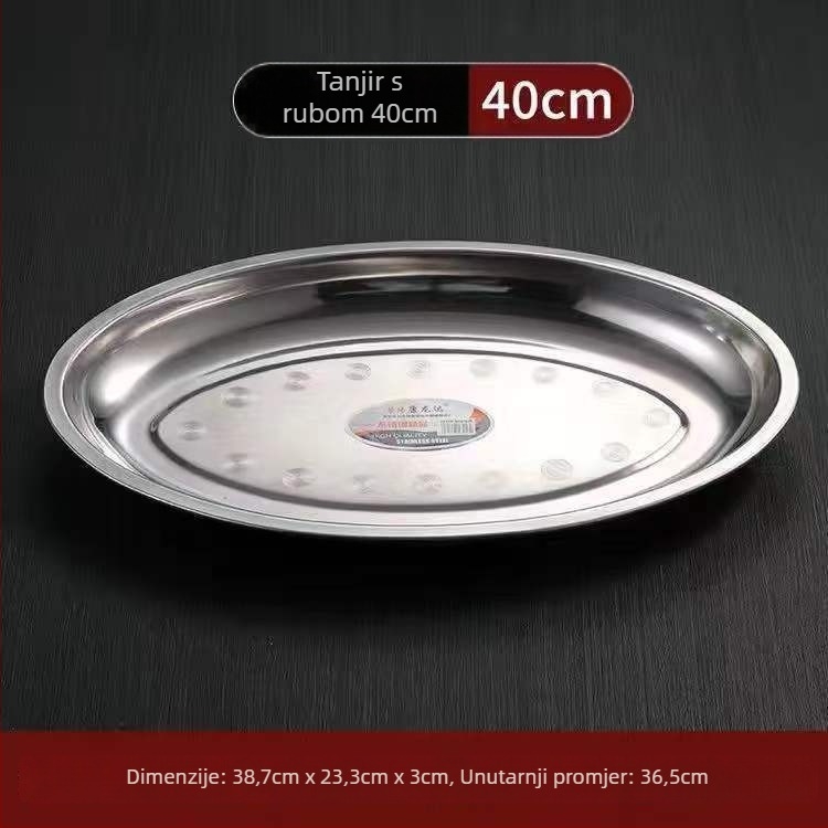 Nehrđajući čelik – debeli ovalni tanjur za ribu – nepravilnog oblika, polirana površina, sigurno za mikrovalnu, svakodnevno posuđe