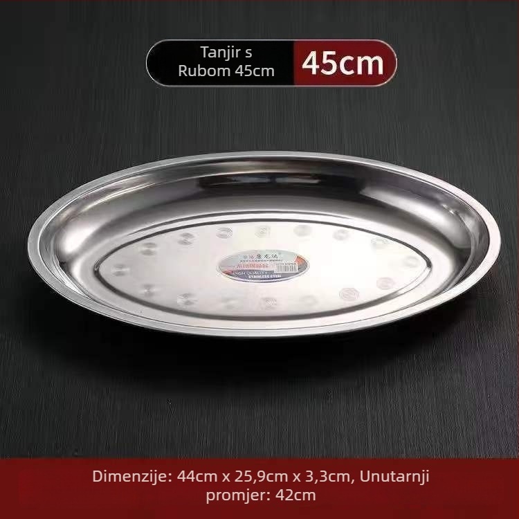 Nehrđajući čelik – debeli ovalni tanjur za ribu – nepravilnog oblika, polirana površina, sigurno za mikrovalnu, svakodnevno posuđe