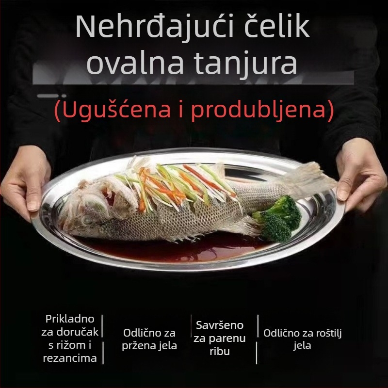 Nehrđajući čelik – debeli ovalni tanjur za ribu – nepravilnog oblika, polirana površina, sigurno za mikrovalnu, svakodnevno posuđe