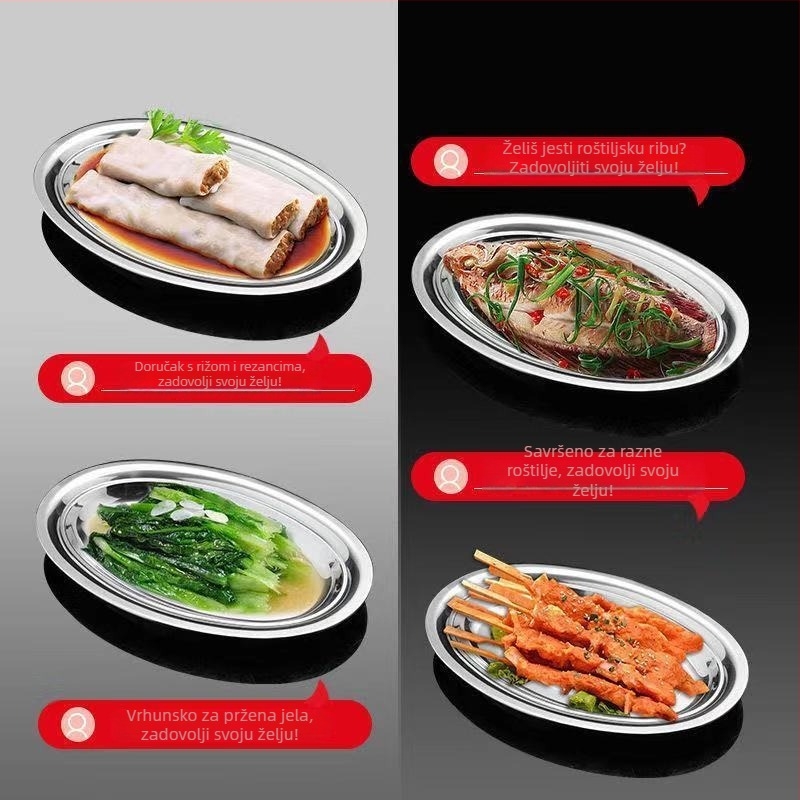 Nehrđajući čelik – debeli ovalni tanjur za ribu – nepravilnog oblika, polirana površina, sigurno za mikrovalnu, svakodnevno posuđe