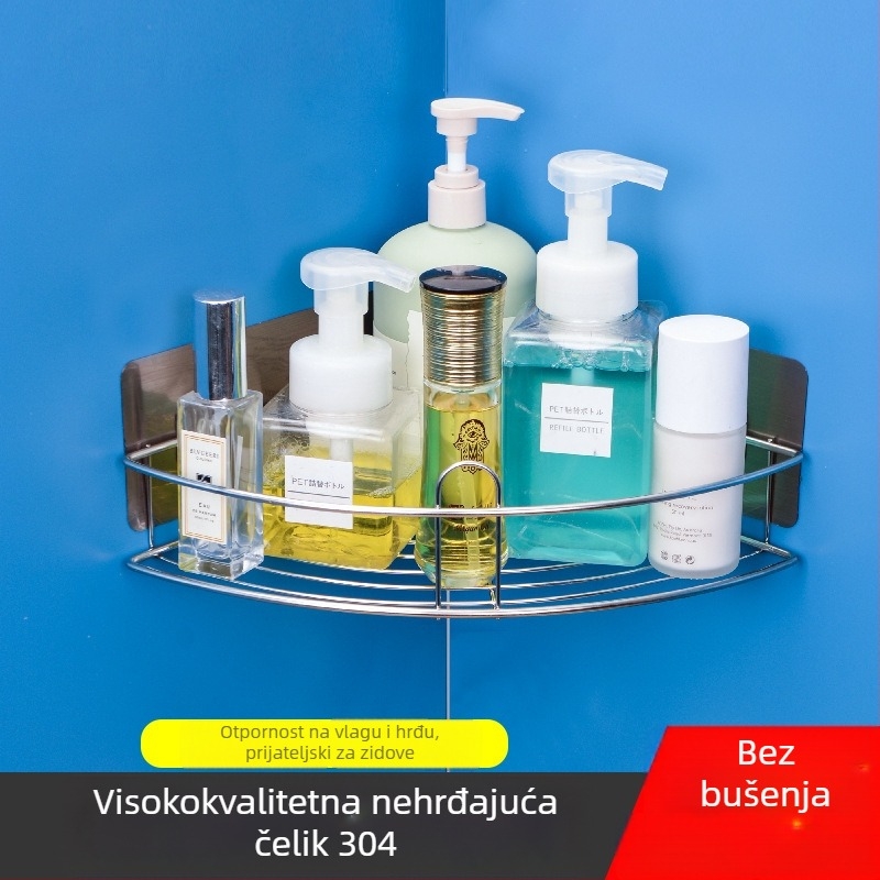 Kutni stalak od nehrđajućeg čelika za kupaonicu i kuhinju, bez bušenja, jednoslojni, uklonjiv i periv, elektroplatirani završetak, nosivost 5–10 kg
