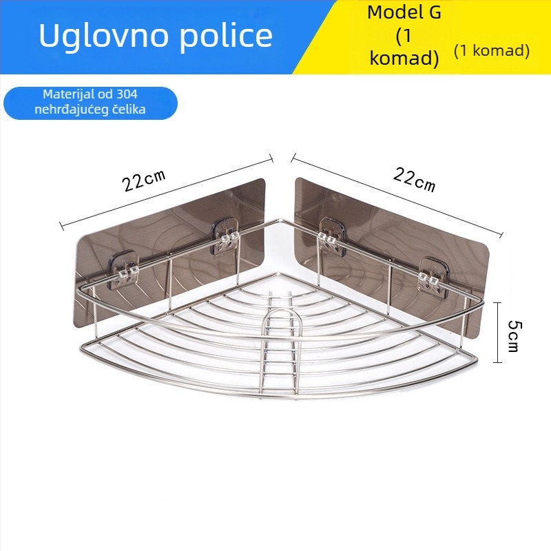 Kutni stalak od nehrđajućeg čelika za kupaonicu i kuhinju, bez bušenja, jednoslojni, uklonjiv i periv, elektroplatirani završetak, nosivost 5–10 kg