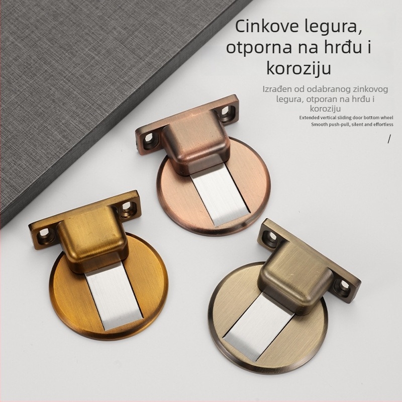 Stoper za vrata od cinkovog legura, podna montaža, elektroplirano i brušeno završno, za unutarnja vrata, moderni minimalistički stil
