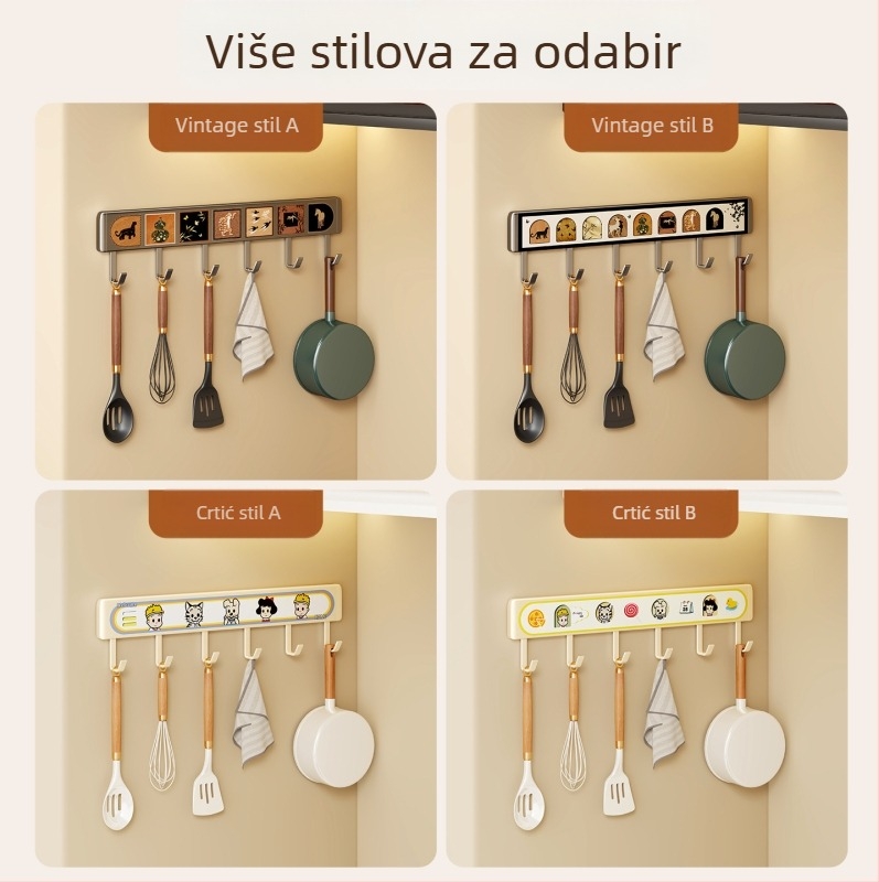 Višenamjenski držač kuka za kuhinju, aluminij, zidni, moderni minimalistički stil, više od tri reda kuka, nosivost 0–1 kg