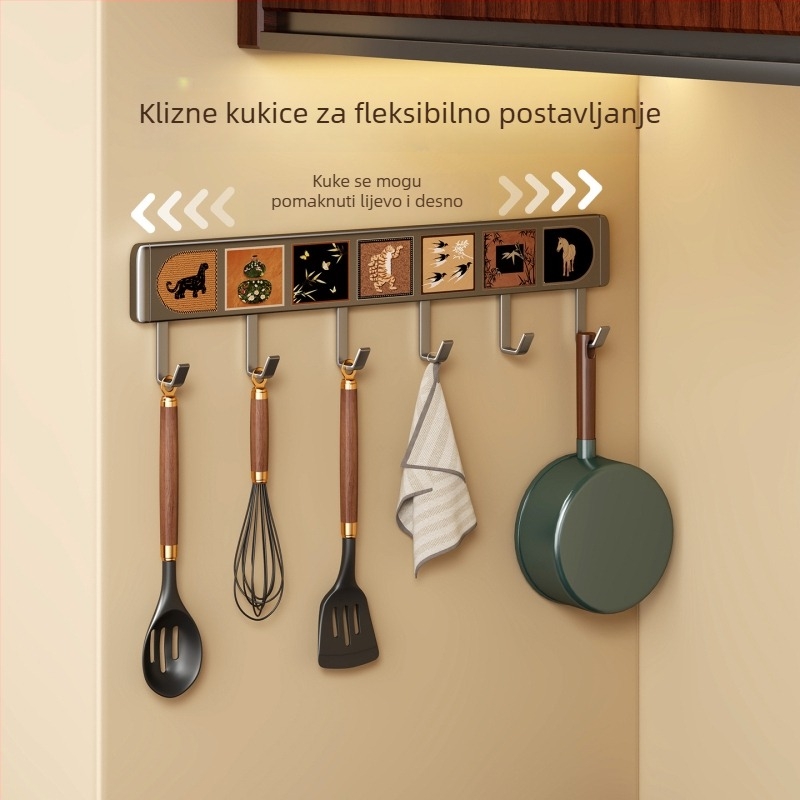 Višenamjenski držač kuka za kuhinju, aluminij, zidni, moderni minimalistički stil, više od tri reda kuka, nosivost 0–1 kg
