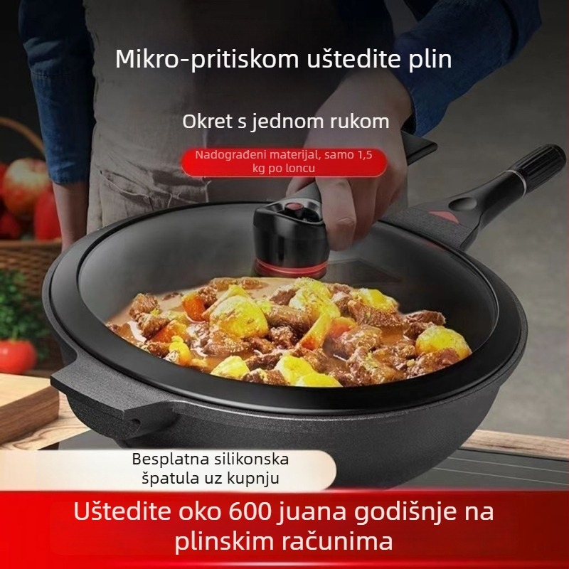Wok od aluminijske legure, višeslojno dno, poklop od nehrđajućeg čelika sa staklom, kompatibilan s plinskim štednjakom i indukcijom, model W21, težina 1,5 kg
