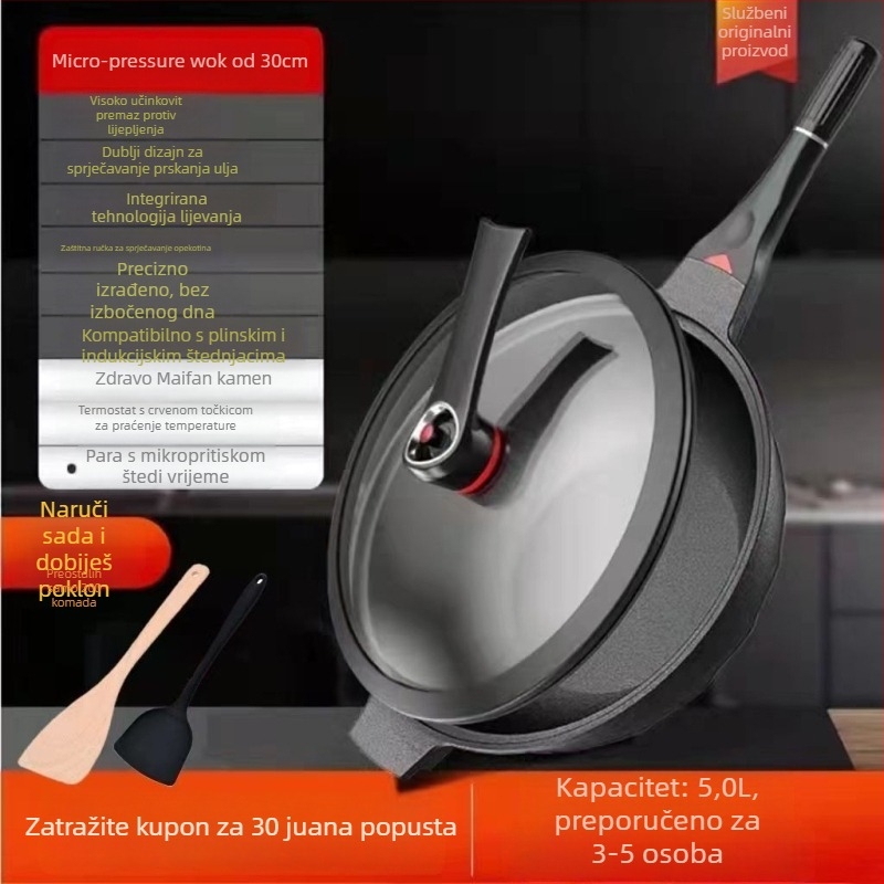 Wok od aluminijske legure, višeslojno dno, poklop od nehrđajućeg čelika sa staklom, kompatibilan s plinskim štednjakom i indukcijom, model W21, težina 1,5 kg