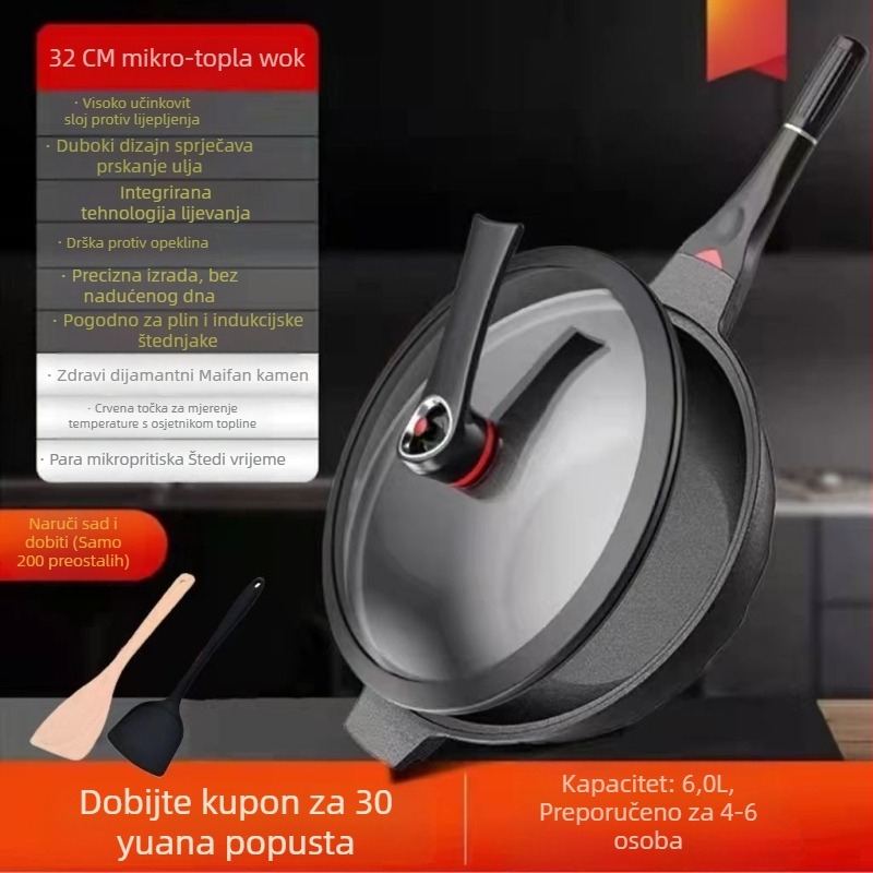 Wok od aluminijske legure, višeslojno dno, poklop od nehrđajućeg čelika sa staklom, kompatibilan s plinskim štednjakom i indukcijom, model W21, težina 1,5 kg
