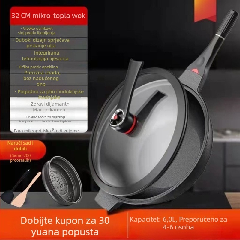 Wok od aluminijske legure, višeslojno dno, poklop od nehrđajućeg čelika sa staklom, kompatibilan s plinskim štednjakom i indukcijom, model W21, težina 1,5 kg