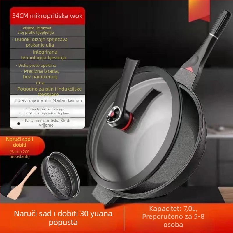 Wok od aluminijske legure, višeslojno dno, poklop od nehrđajućeg čelika sa staklom, kompatibilan s plinskim štednjakom i indukcijom, model W21, težina 1,5 kg