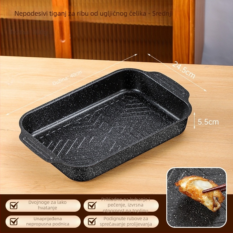 Tava za roštilj za ribu, kvadratna, ugljični čelik, debeli dizajn, premaz protiv lijepljenja, pogodne za indukcijske ploče