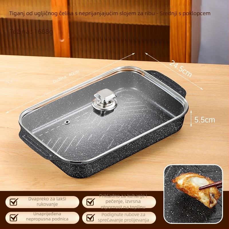 Tava za roštilj za ribu, kvadratna, ugljični čelik, debeli dizajn, premaz protiv lijepljenja, pogodne za indukcijske ploče