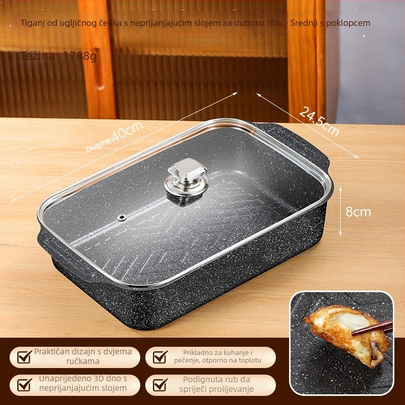 Tava za roštilj za ribu, kvadratna, ugljični čelik, debeli dizajn, premaz protiv lijepljenja, pogodne za indukcijske ploče