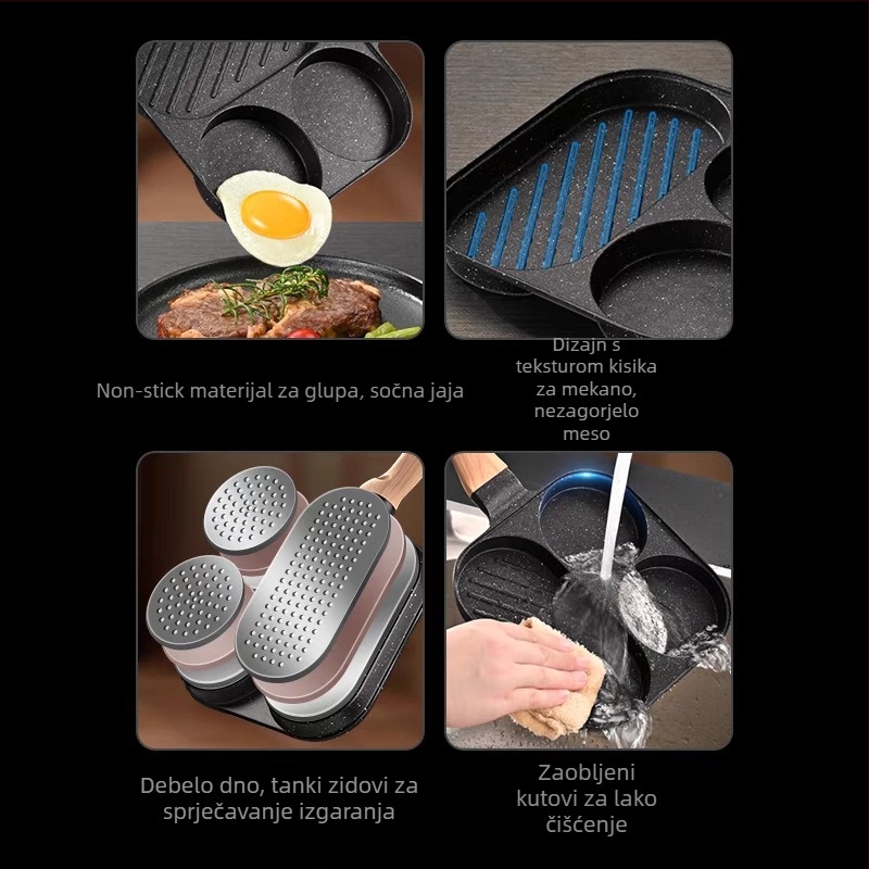 Tiganj za doručak 3u1 s Maifan kamenom i nepremazanim premazom; kompatibilan s indukcijom i plinom; tijelo od aluminijske legure; dvostruko dno; bez poklopca