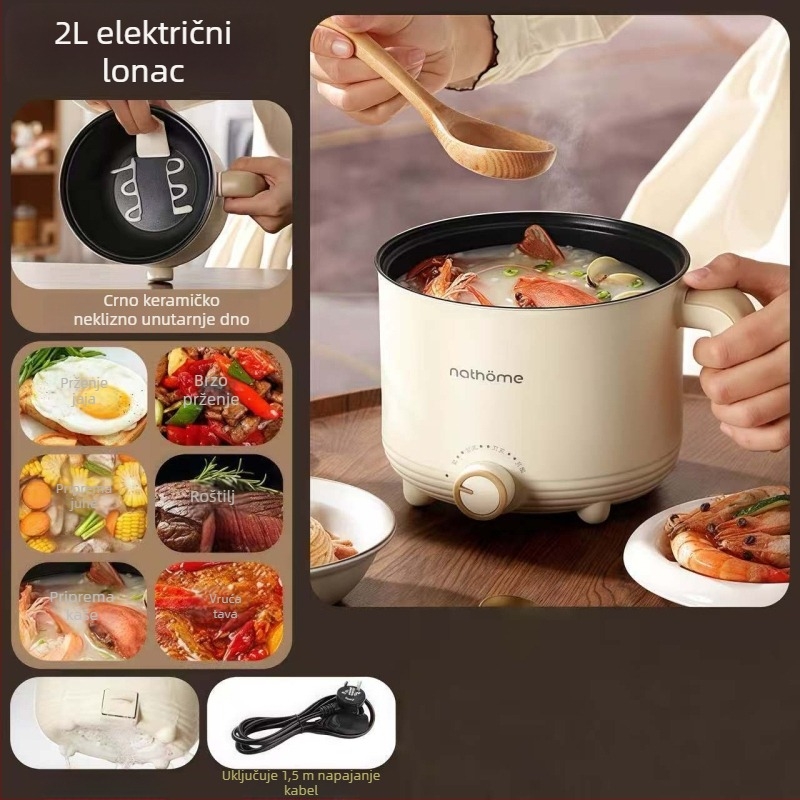 Električno kuhalo za kuhanje – 2 L keramička unutarnja posuda, upravljanje gumbom, Grill & Shabu-Shabu, 1 unutarnja posuda, grijanje na dnu