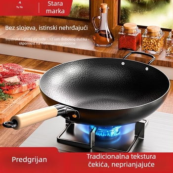 Wok tiganj s udubljenim ravnim dnom, tijelo od kovanog željeza, dno od karbonskog čelika, kompatibilan s indukcijskim i plinskim pločama, jednostavno čišćenje
