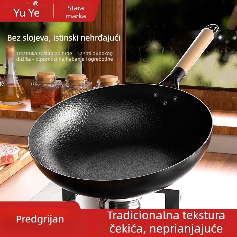 Wok tiganj s udubljenim ravnim dnom, tijelo od kovanog željeza, dno od karbonskog čelika, kompatibilan s indukcijskim i plinskim pločama, jednostavno čišćenje