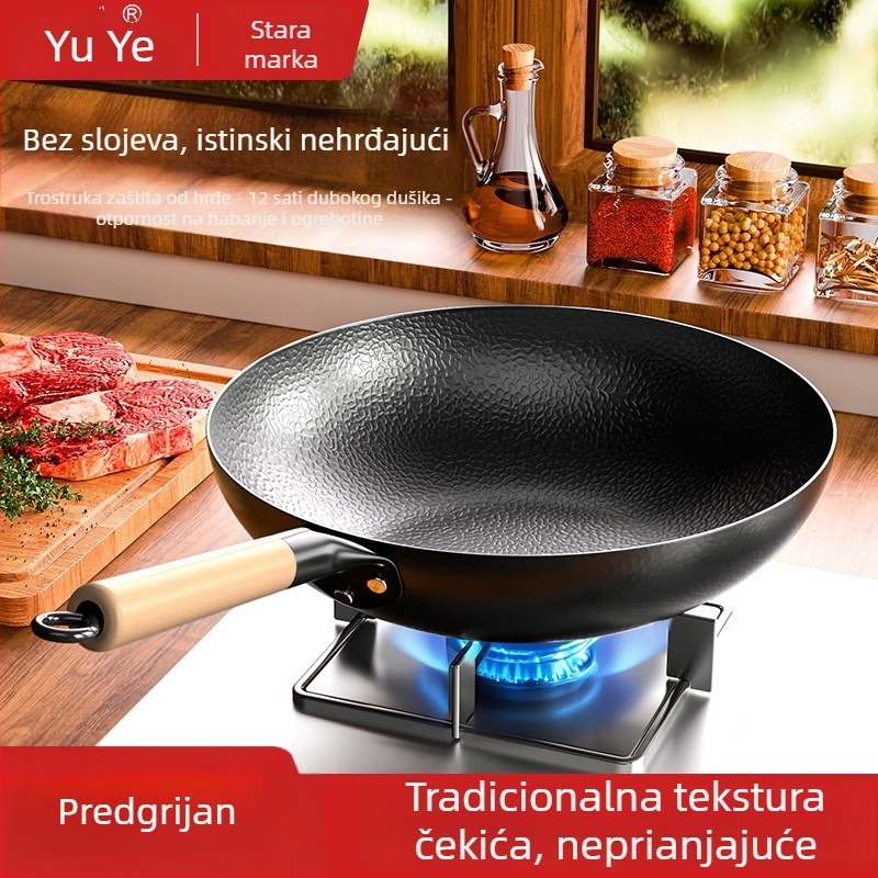 Wok tiganj s udubljenim ravnim dnom, tijelo od kovanog željeza, dno od karbonskog čelika, kompatibilan s indukcijskim i plinskim pločama, jednostavno čišćenje