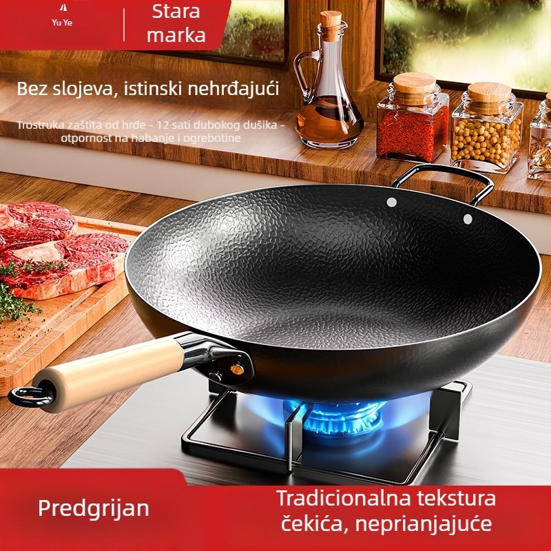 Wok tiganj s udubljenim ravnim dnom, tijelo od kovanog željeza, dno od karbonskog čelika, kompatibilan s indukcijskim i plinskim pločama, jednostavno čišćenje