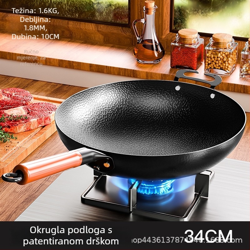 Wok tiganj s udubljenim ravnim dnom, tijelo od kovanog željeza, dno od karbonskog čelika, kompatibilan s indukcijskim i plinskim pločama, jednostavno čišćenje