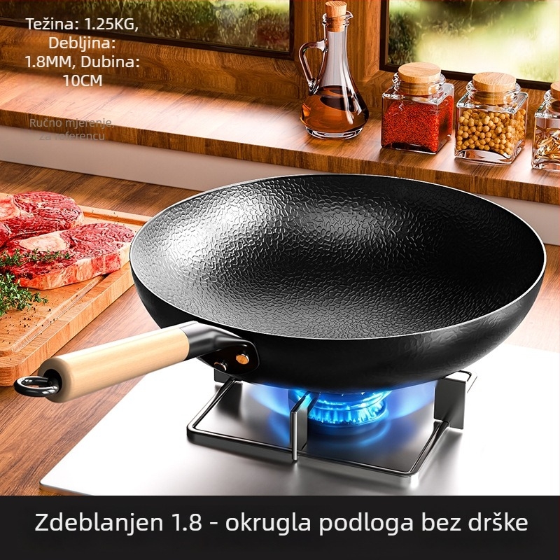 Wok tiganj s udubljenim ravnim dnom, tijelo od kovanog željeza, dno od karbonskog čelika, kompatibilan s indukcijskim i plinskim pločama, jednostavno čišćenje