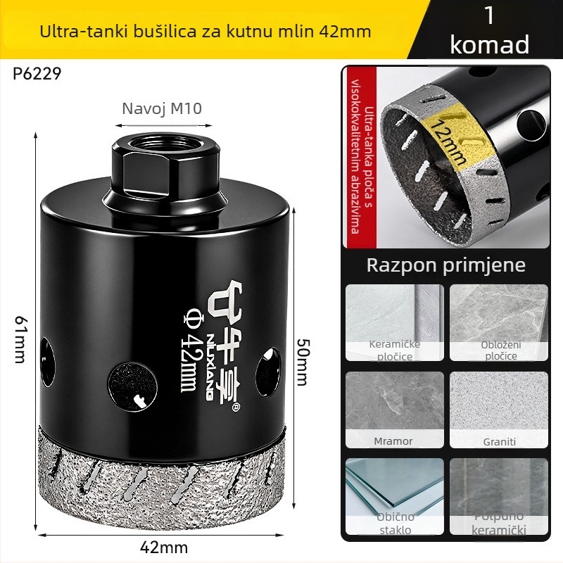 Bušilica za otvaranje rupa za kutnu brusilicu za keramiku i staklo — izuzetno tanak, s više rupa, širokim otvorom, suho bušenje