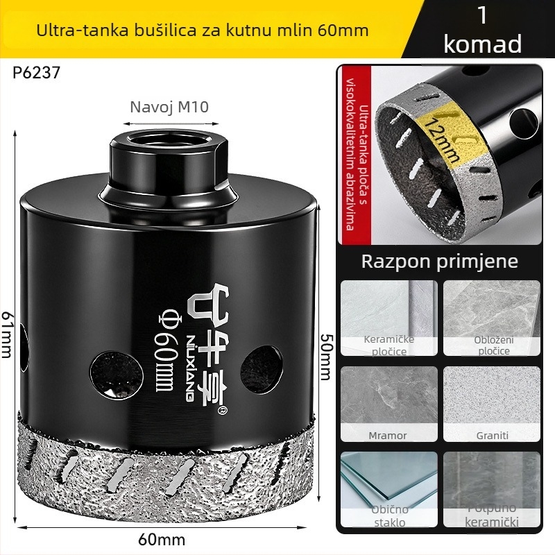 Bušilica za otvaranje rupa za kutnu brusilicu za keramiku i staklo — izuzetno tanak, s više rupa, širokim otvorom, suho bušenje