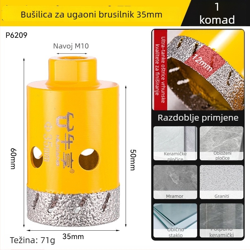 Bušilica za otvaranje rupa za kutnu brusilicu za keramiku i staklo — izuzetno tanak, s više rupa, širokim otvorom, suho bušenje