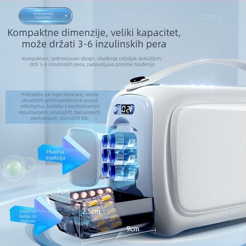 Poluvodički automobilski frižider za skladištenje inzulina — kućište od ABS-a, volumen manje od 5 L, snaga 5 W, napajanje 5V, težina 1,5 kg