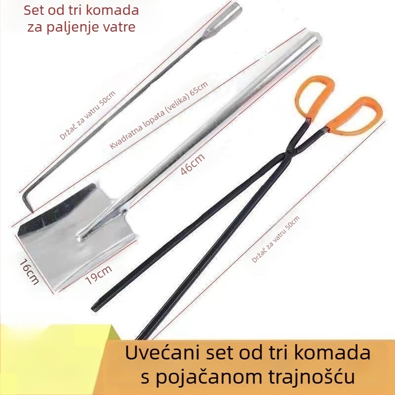 Trodjelni set alata za vatru za roštilj: kuka za vatru, lopatica za ugljen i kliješta; mekani čelik