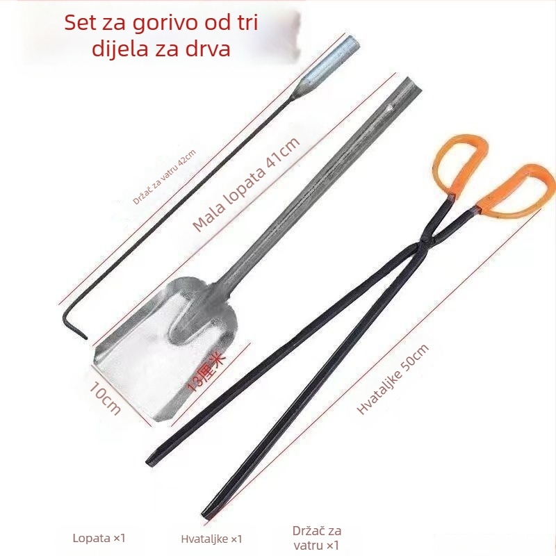 Trodjelni set alata za vatru za roštilj: kuka za vatru, lopatica za ugljen i kliješta; mekani čelik