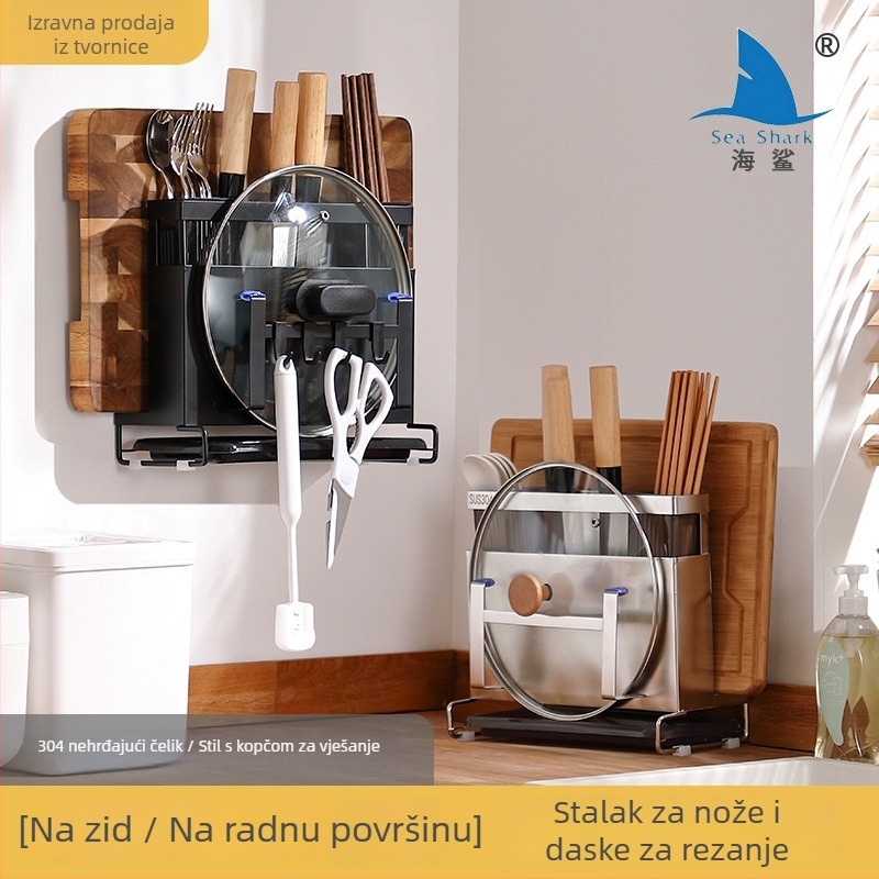 Nerđajući čelični držač noževa i polica za daske za rezanje, na kuhinjsku radnu površinu, prijenosno, bez ugradnje