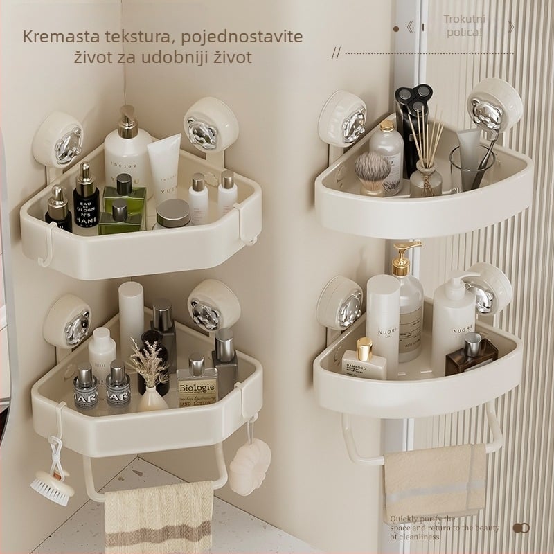 Trokutasti kupaonski zidni organizator s usisnom čašom, bez bušenja, s šipkom, 1 razina, nosivost 20 kg, materijali: ABS i karbonsko čelično, završna obrada: pečena boja, model 001