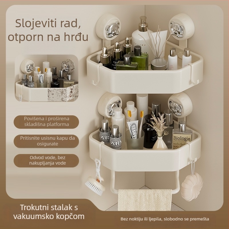 Trokutasti kupaonski zidni organizator s usisnom čašom, bez bušenja, s šipkom, 1 razina, nosivost 20 kg, materijali: ABS i karbonsko čelično, završna obrada: pečena boja, model 001