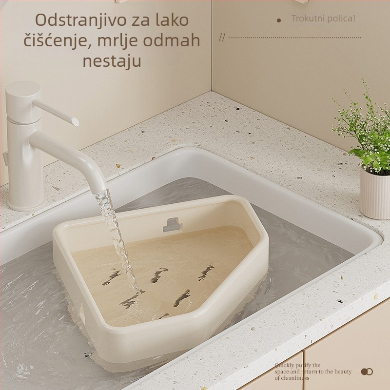 Trokutasti kupaonski zidni organizator s usisnom čašom, bez bušenja, s šipkom, 1 razina, nosivost 20 kg, materijali: ABS i karbonsko čelično, završna obrada: pečena boja, model 001