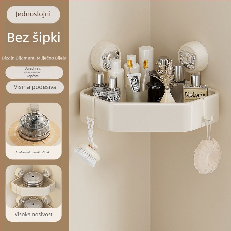 Trokutasti kupaonski zidni organizator s usisnom čašom, bez bušenja, s šipkom, 1 razina, nosivost 20 kg, materijali: ABS i karbonsko čelično, završna obrada: pečena boja, model 001