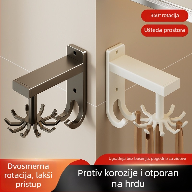 Aluminijski zidni organizator za kuhinju s rotirajućim držačem špatula i žlica; instalacija bez bušenja; jednostavan moderni dizajn za pohranu kuhinjskih alata i daski za rezanje.