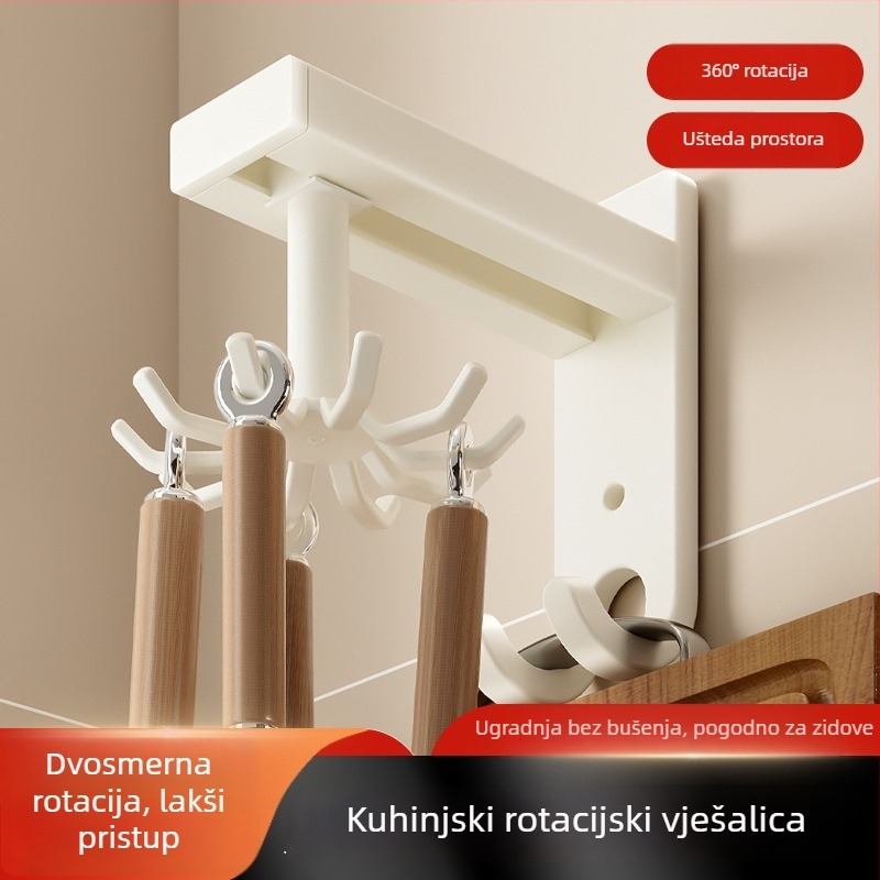 Aluminijski zidni organizator za kuhinju s rotirajućim držačem špatula i žlica; instalacija bez bušenja; jednostavan moderni dizajn za pohranu kuhinjskih alata i daski za rezanje.