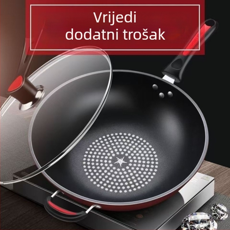 Wok s neprijanjajućim premazom, od finog željeza, višeslojno dno, staklena kapica od nehrđajućeg čelika, kompatibilan s indukcijom