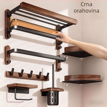 Zidni držač ručnika bez bušenja, od orahovog drveta s aluminijskim okvirom, jednoslojni dizajn, nosivost 1–5 kg